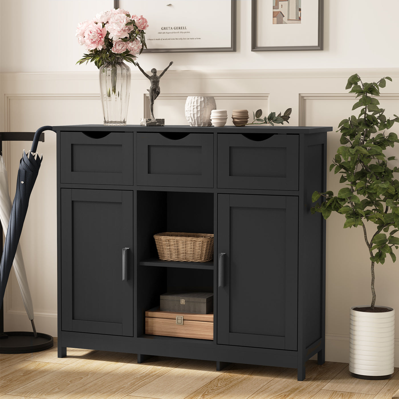 Wooden Floor Cabinet Drawers And Shelves.